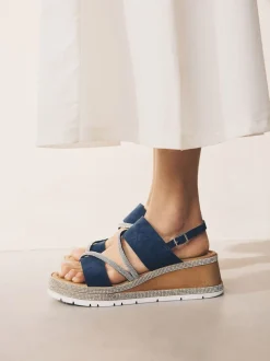 Bleu marine - Sandales compensées de sport à bride arrière en cuir