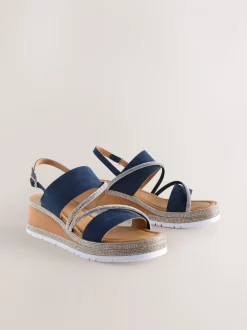 Bleu marine - Sandales compensées de sport à bride arrière en cuir