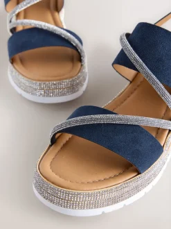 Bleu marine - Sandales compensées de sport à bride arrière en cuir