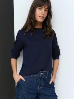 Bleu marine - T-shirt à manches longues de cou d'équipage
