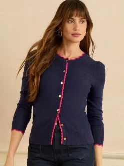 Bleu marine et rose festonné - Cardigan Love & Roses en maille