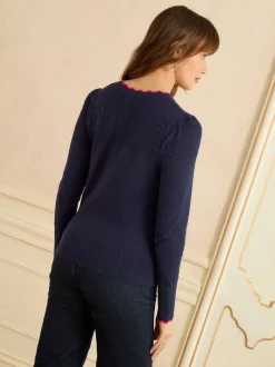 Bleu marine et rose festonné - Cardigan Love & Roses en maille