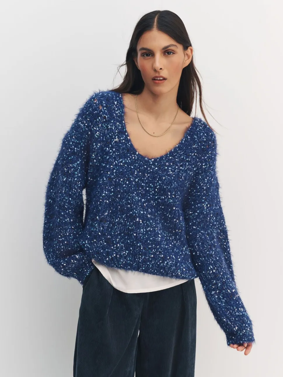 Bleu marine moucheté - Pull à Texture duveteuse à col en V