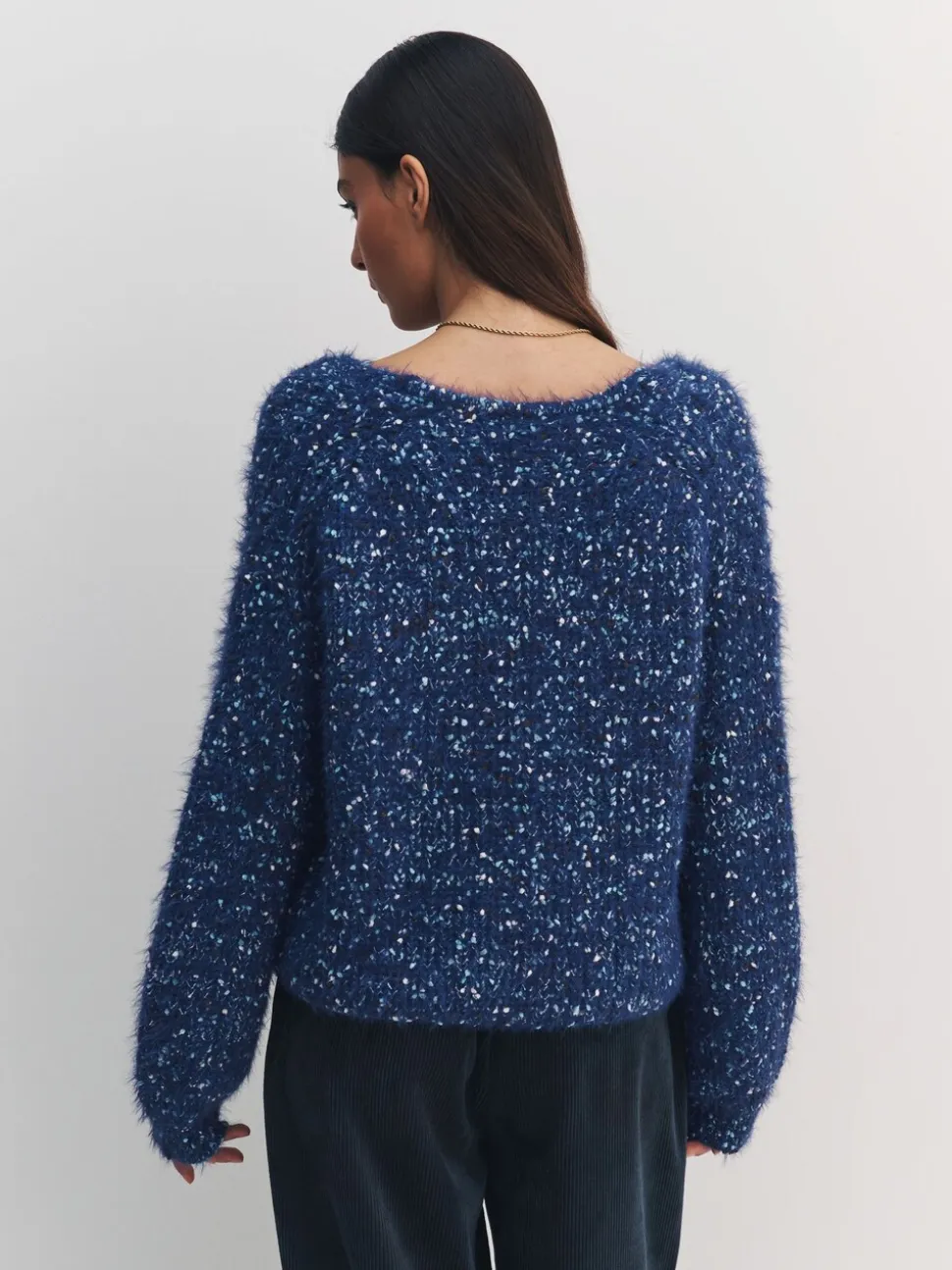 Bleu marine moucheté - Pull à Texture duveteuse à col en V