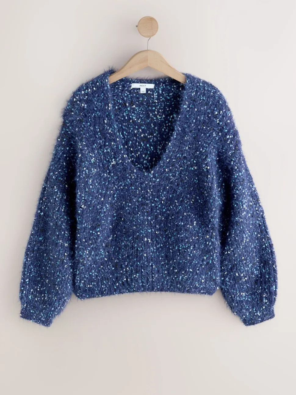 Bleu marine moucheté - Pull à Texture duveteuse à col en V