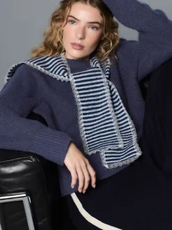 Bleu marine rayé - Pull en maille à bordure en dentelle avec écharpe