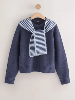 Bleu marine rayé - Pull en maille à bordure en dentelle avec écharpe