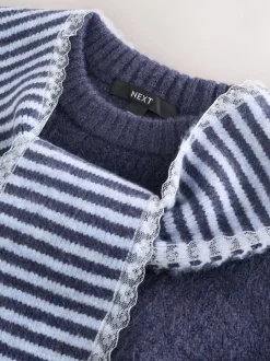 Bleu marine rayé - Pull en maille à bordure en dentelle avec écharpe
