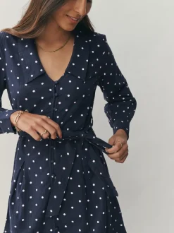 Bleu marine/blanc à pois - Court robe chemise à col et manches longues