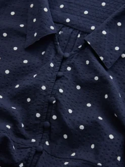 Bleu marine/blanc à pois - Court robe chemise à col et manches longues