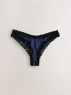 Bleu marine/Champagne - Lot de 2 culottes brésiliennes brillantes et bordées de dentelle