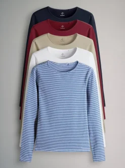 Bleu marine/Rayure bleu clair/Rouge/Beige Sable Marron/Blanc - The Set 5 Lot Manches longues Col rond T-shirt