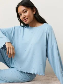 Bleu motif étoiles - Pyjama à manches longues doux cœur