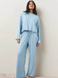 Bleu motif étoiles - Pyjama à manches longues doux cœur