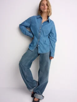 Bleu moyen - Chemise en Denim ajustée à taille cintrée