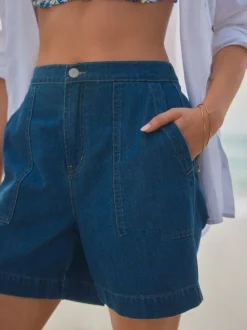 Bleu moyen - Short utilitaire léger en coton 100% Denim