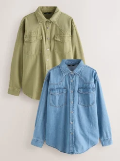 Bleu moyen et vert kaki - Lot de 2 chemises en jean oversize