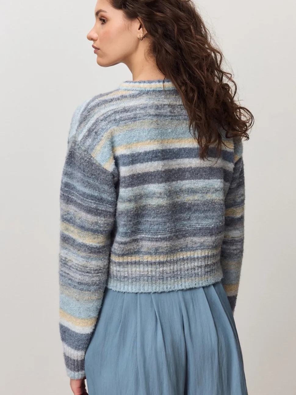 Bleu multicolore - Cardigan à col ras du cou en maille teint par espacement