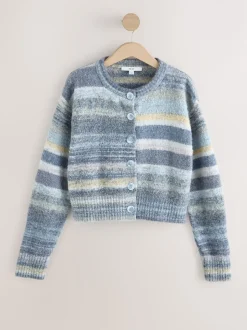 Bleu multicolore - Cardigan à col ras du cou en maille teint par espacement