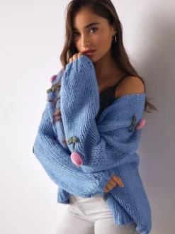 Bleu vif 3D Tulipe - Cardigan en grosse maille doux