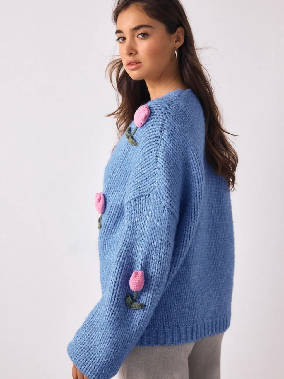 Bleu vif 3D Tulipe - Cardigan en grosse maille doux