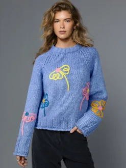 Bleu vif fleuri - Pull à col rond en grosse maille avec laine