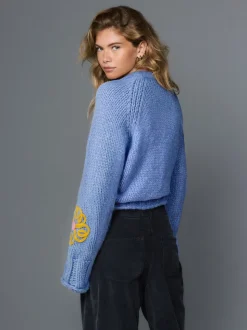 Bleu vif fleuri - Pull à col rond en grosse maille avec laine