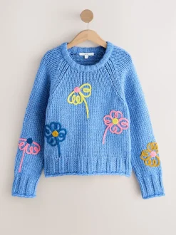 Bleu vif fleuri - Pull à col rond en grosse maille avec laine
