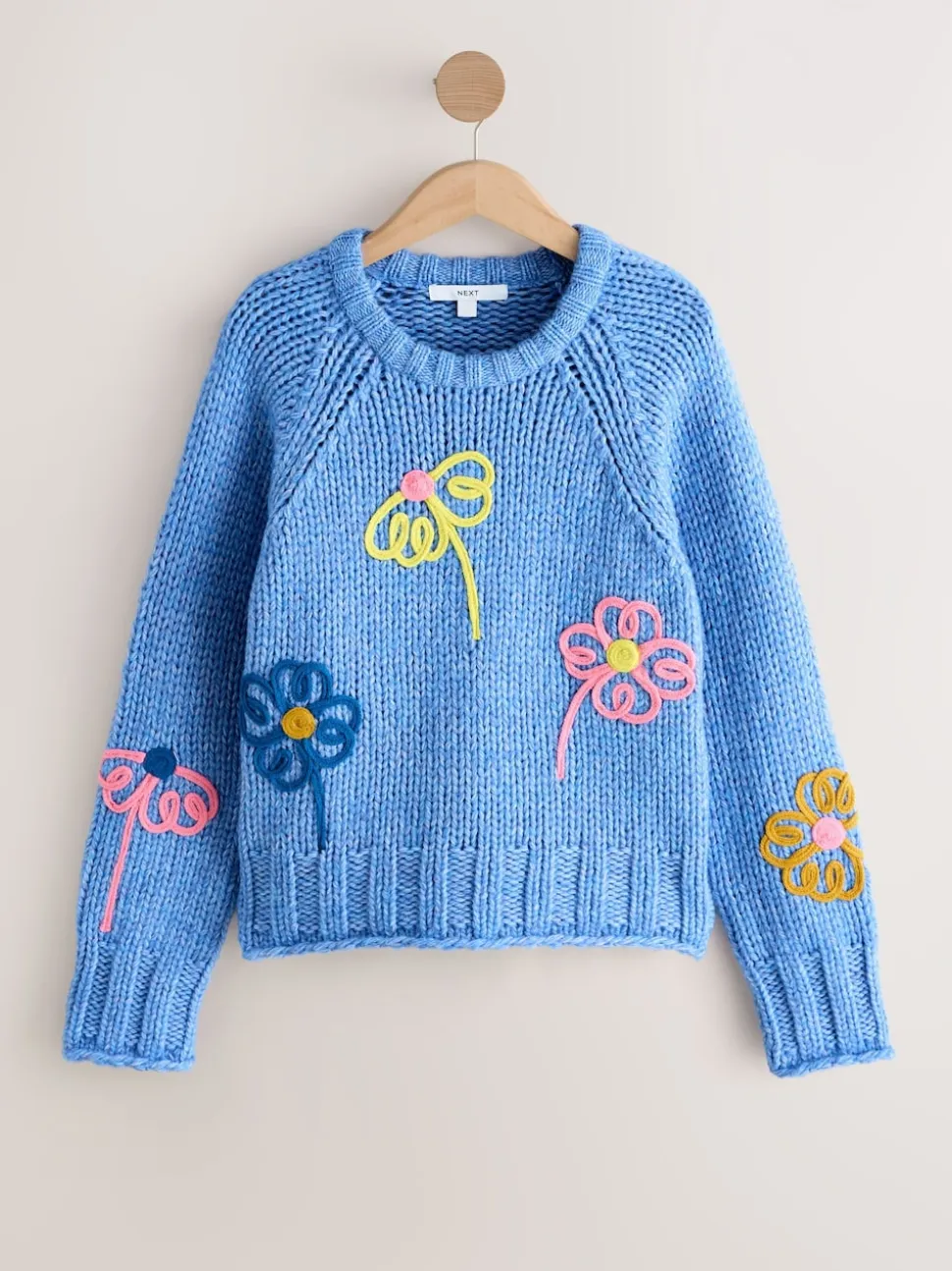 Bleu vif fleuri - Pull à col rond en grosse maille avec laine