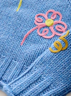 Bleu vif fleuri - Pull à col rond en grosse maille avec laine