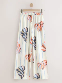 Bleu/Ecru - Pantalons à jambe large à enfiler avec lin