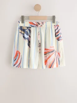 Bleu/Ecru - Shorts en lin