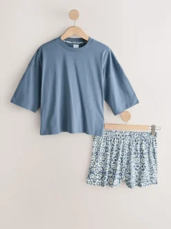Bleu/gris/rose fleuri - Ensemble de 3 pyjamas shorts