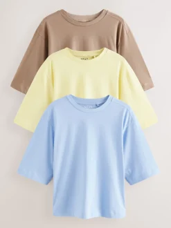 Bleu/jaune citron/neutre - Lot 3 t-shirts col ras du cou 100% coton longueur coude