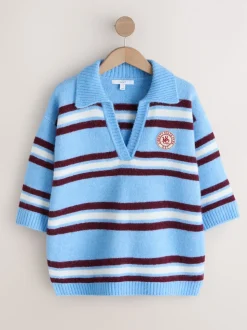 Bleu/Rouge Rayé - Pull polo à manches mi-longues à col ouvert avec laine