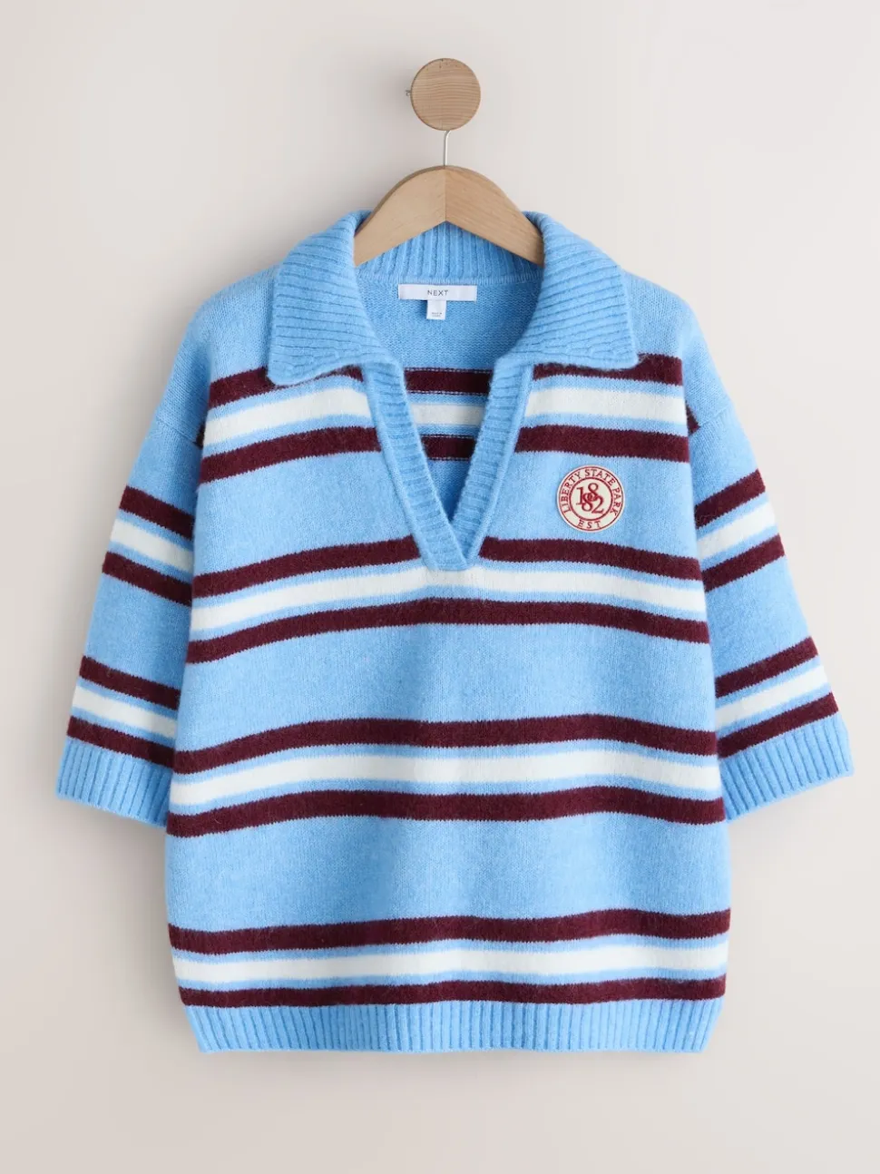 Bleu/Rouge Rayé - Pull polo à manches mi-longues à col ouvert avec laine