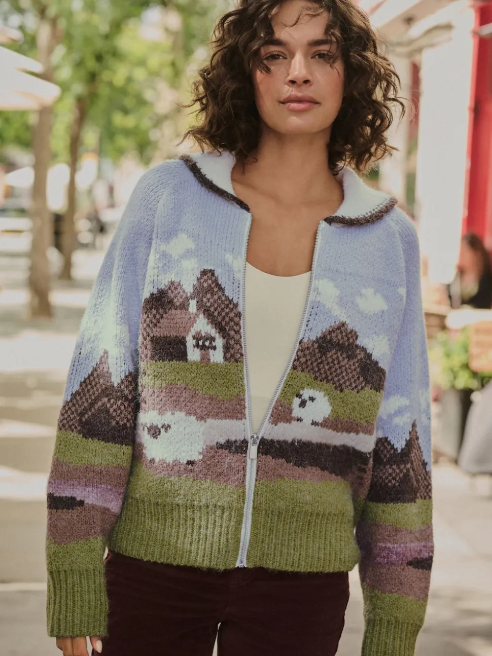 Bleu/vert - Cardigan zippé scène paysage