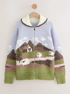 Bleu/vert - Cardigan zippé scène paysage
