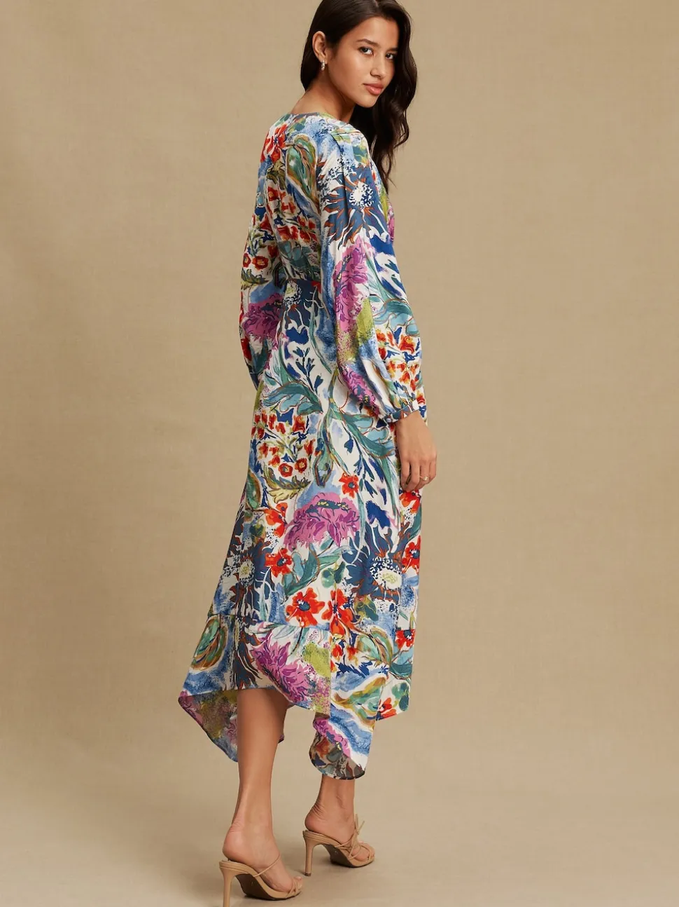 Bleu/Vert Fleuri Imprimé - Robe mi-longue à manches longues ceinturée à la taille