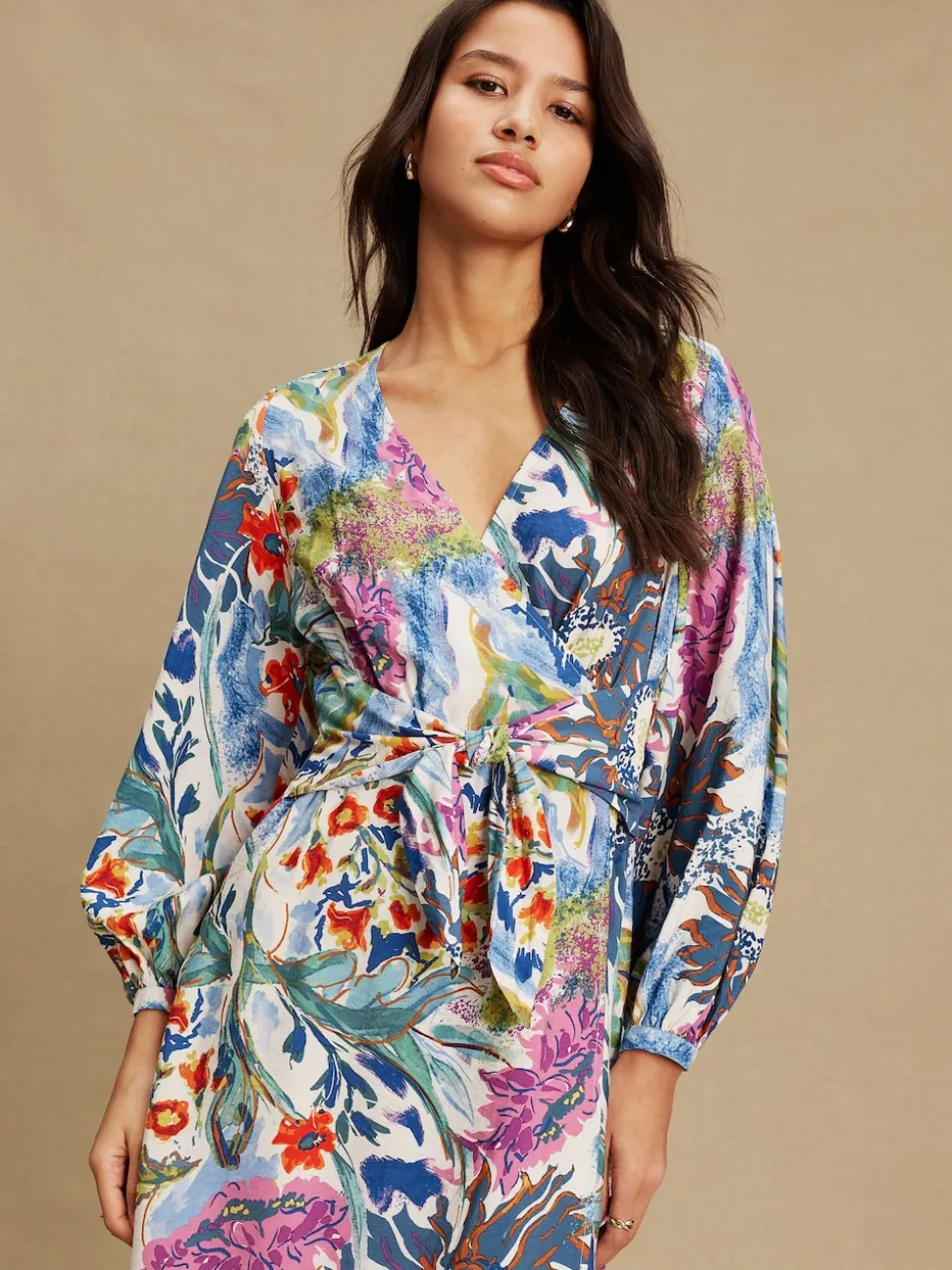 Bleu/Vert Fleuri Imprimé - Robe mi-longue à manches longues ceinturée à la taille