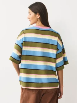 Bleu/vert/rose rayé - T-shirt décontracté à col rond avec longueur coude