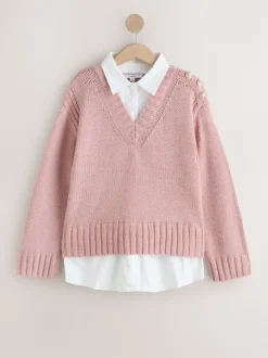 Blush Rose - Pulls look superposé en maille à col en V avec chemise