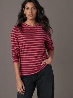 Bordeaux rouge rayé - T-shirt à manches longues de cou d'équipage