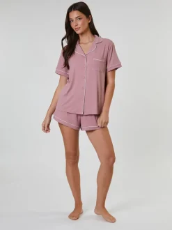 Bordure rose/blanc poudré - Loungeable pyjama côtelé doux à manches courtes boutonné