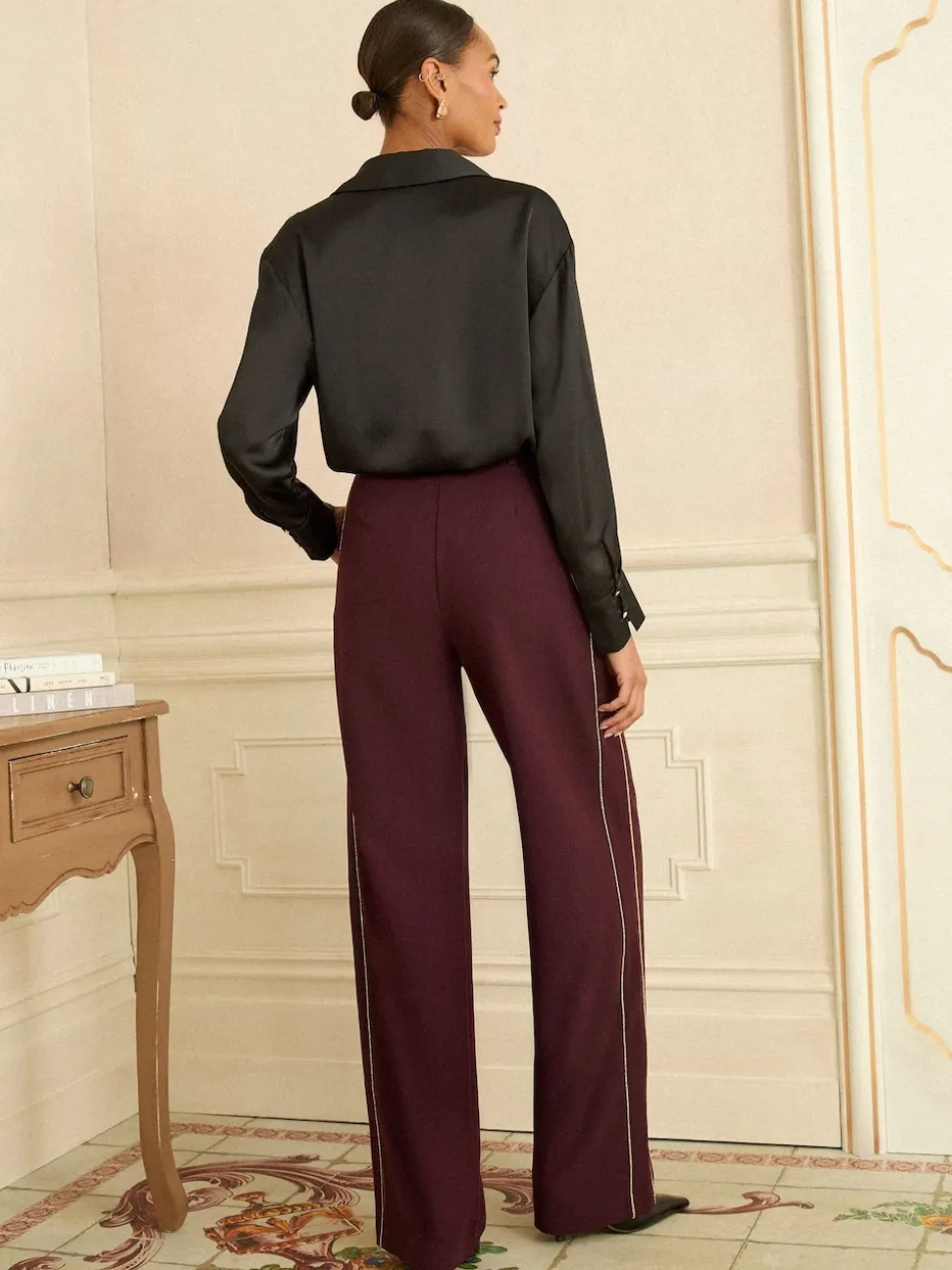 Bourgogne Or - Pantalon large Love & Roses texturé à rayures latérales