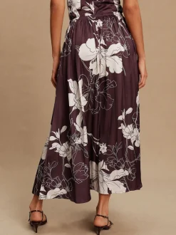 Bourgogne/Ecru - Floral Print Satin Midi Skirt