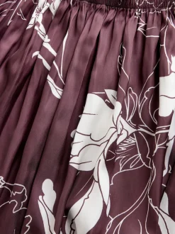 Bourgogne/Ecru - Floral Print Satin Midi Skirt