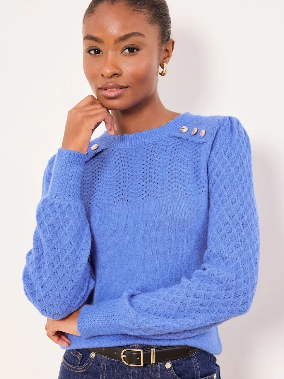 Boutonné bleu cobalt - Lipsy pull en maille à manches longues et col rond en maille pointelle