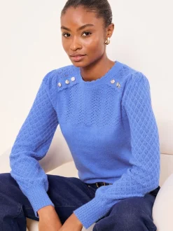 Boutonné bleu cobalt - Lipsy pull en maille à manches longues et col rond en maille pointelle