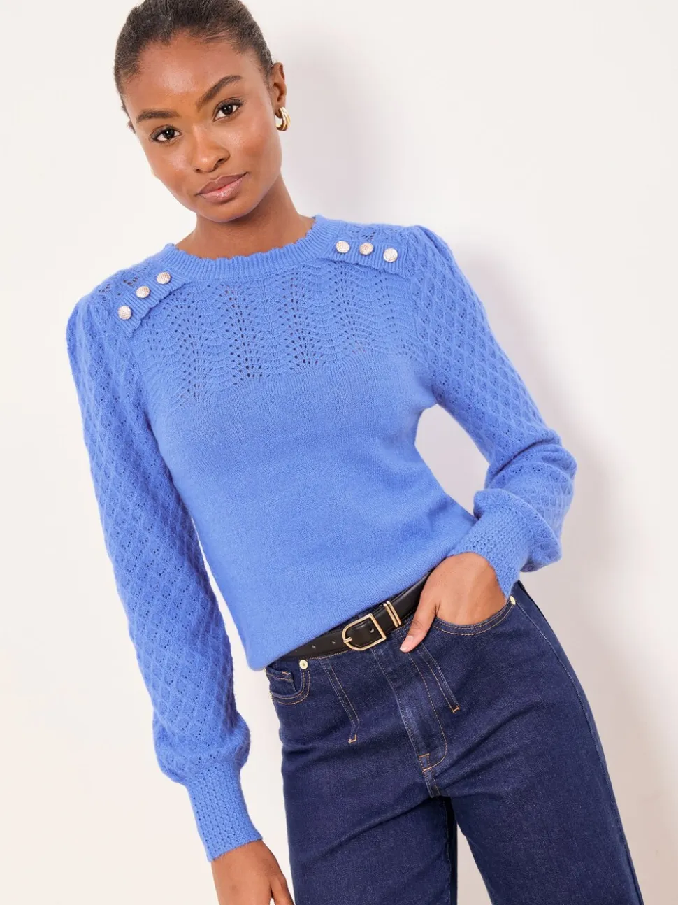 Boutonné bleu cobalt - Lipsy pull en maille à manches longues et col rond en maille pointelle